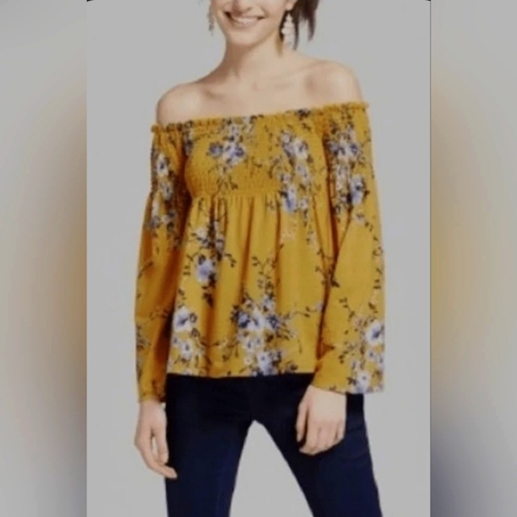 Xhilaration Yellow Floral Wide Off-sleeve Blouse - Picture 4 of 4